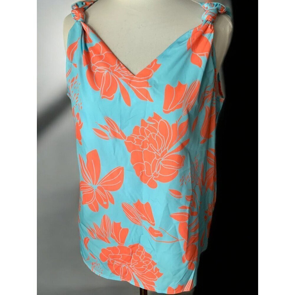 Turquoise & Coral Floral Knot-Shoulder Cami Top